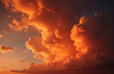 Fototapeta premium Dramatic sunset sky with clouds. Red and orange colors illuminate the cloudscape. Sunlight, dusk, twilight, and evening atmosphere. Beautiful nature background at the horizon.