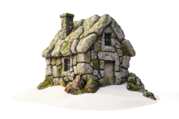 a small house made out of rocks and moss cutout and isolated on transparent background 