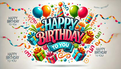Here is the birthday vector banner featuring the "Happy Birthday to You" message with festive elements like balloons, gifts, and confetti