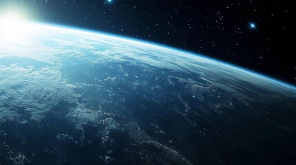 Obraz premium A beautiful blue planet with a bright sun in the background. The planet is surrounded by a vast expanse of stars, creating a serene and peaceful atmosphere