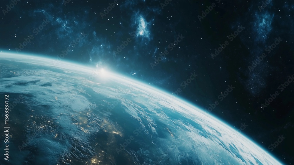 Wall mural a blue planet with a bright sun in the sky. the sun is shining on the planet and the sky is filled w