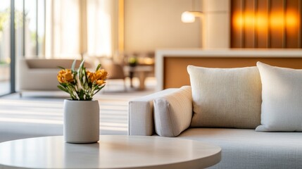 Minimalist Beige Sofa with Flowers, Close-up Composition, Interior Design, Cozy, Modern Interior Design, Minimalist