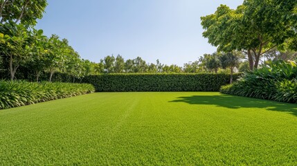 Lush Green Lawn with Hedge and Trees, Landscape Design, Garden, Artificial Turf ,landscaping, garden design