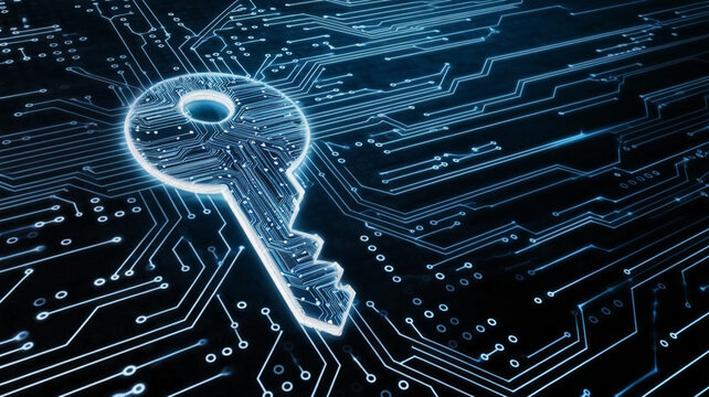 Glowing key shaped like circuit board, symbolizing digital security, data protection, and access control in the technological world