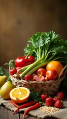 Still life composition of fresh fruits and vegetables in a woven basket on a wooden surface