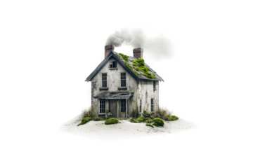 a house with moss growing on the roof cutout and isolated on transparent background 