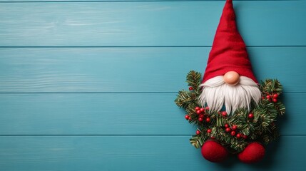 Obraz premium Christmas Gnome on Teal Wood Festive Composition, Holiday Decor, Winter Wonderland. Christmas gnome, holiday decoration