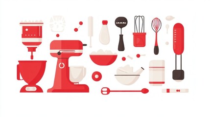 Red stand mixer and baking tools; kitchen utensils; white background; baking preparation; recipe illustration