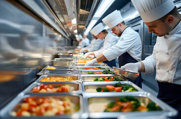 Chefs prepare meals in airline catering facility. Kitchen staff packages food for passengers. Catering service ensures quality control, food safety. Team works carefully in sterile environment, wears