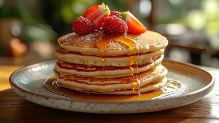 Stacked pancakes topped with fresh berries and honey drizzle