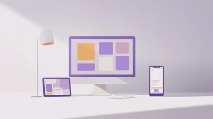 Flat Vector Web Design Illustration with Desk Lamp and Mobile Wireframes