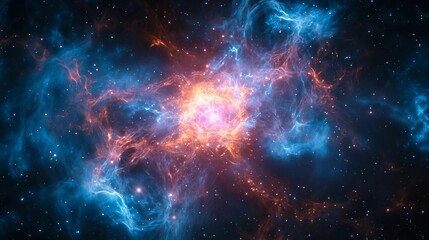 A colorful galaxy with a bright orange and blue star. The galaxy is filled with stars and has a blue and orange swirl