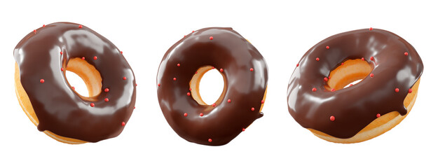 Donuts with chocolate glaze, sprinkles, white drizzle, and dots isolated on white transparent background. 3d rendering and illustration of dessert variety
