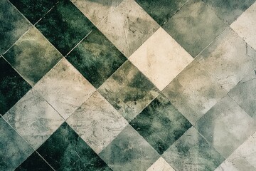 A close-up view of a diamond patterned floor with dark green and light beige tiles.