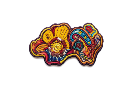 a patch with a flower design on it cutout and isolated on transparent background 