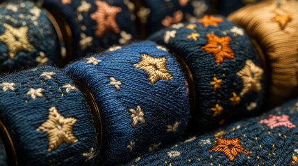 Vibrant star-shaped embroidery on blue thread spools highlights the beauty of handmade textile designs and artisanal craft