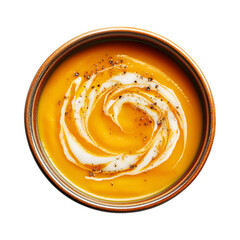A Bowl of Creamy Butternut Squash Soup with a Swirl of Carrot Soup Isolated on Transparent Background