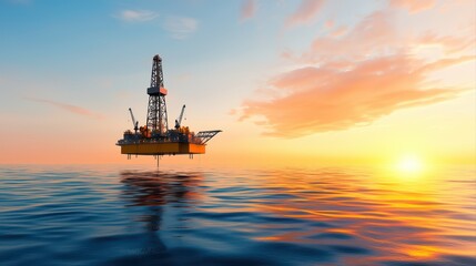 Fototapeta premium Offshore oil rig at sunset over calm ocean waters