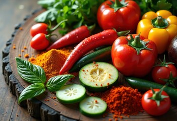 vibrant arrangement colorful ingredients artfully laid engaging textured surface culinary presentation, spread, kitchen, vegetable, spice, herb, fruit