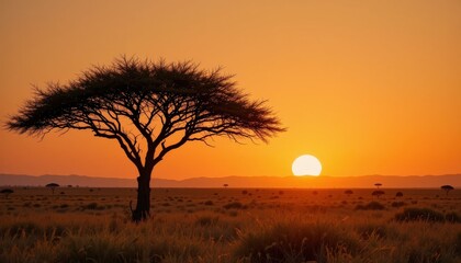 Obraz premium Silhouette Acacia Tree Warm Orange Sunset Sky - Tranquil African Landscape Photography Travel Nature Promotion