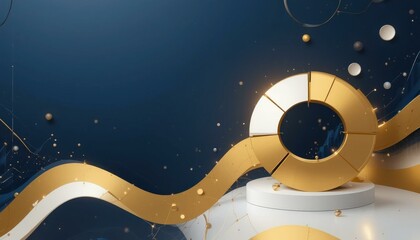 Obraz premium Modern Abstract Gold Geometric Shapes Flowing Ribbons Deep Blue Background - Elegant Digital Illustration Luxury Spring Event Promotions Celebrations