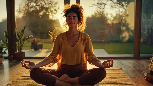 Yoga Woman Meditates During Sunrise in a Serene Indoor Setting Generative AI