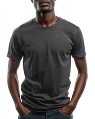 Fototapeta premium Man Wearing Gray T-shirt Isolated on White Displaying Casual Fashion
