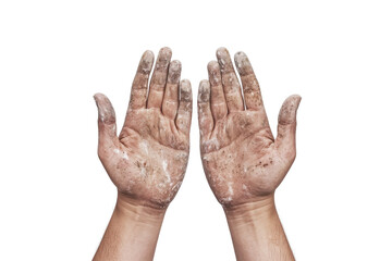 two hands with dirty hands cutout and isolated on transparent background 