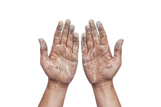 two hands with dirty hands cutout and isolated on transparent background 