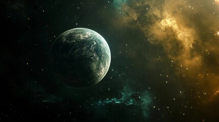 Obraz premium A planet is floating in space with a yellow and orange cloud in the background. The planet is surrounded by a lot of stars and the sky is dark