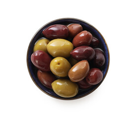 Delicious marinated olives in bowl isolated on white, top view