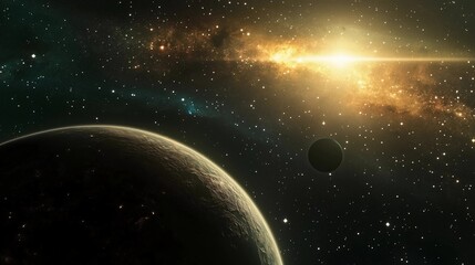 Obraz premium A planet is shown in the foreground of a picture of the night sky. The planet is surrounded by a large number of stars, and the sky is filled with a variety of different colors. Scene is one of wonder