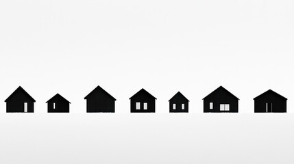 Seven black house silhouettes line a plain, white background. Ideal for design use