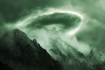 Mysterious green clouds swirl above misty mountain peaks, creating an ethereal and otherworldly scene.