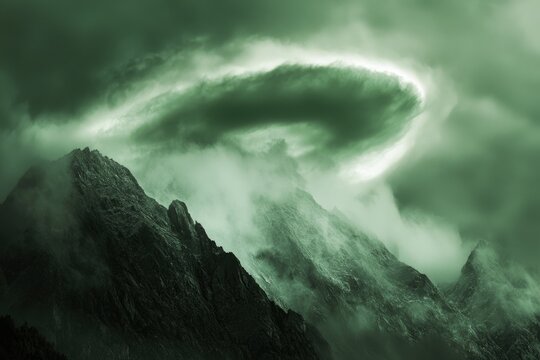 Mysterious green clouds swirl above misty mountain peaks, creating an ethereal and otherworldly scene. - Powered by Adobe