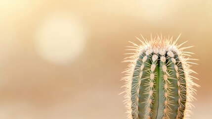 Obraz premium close-up of hardy desert cactus with spines against blurred sandy landscape offering ample copy space