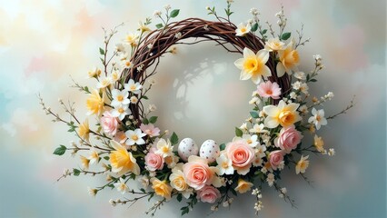 Spring floral wreath with pastel colors and delicate blooms hanging elegantly on a soft background