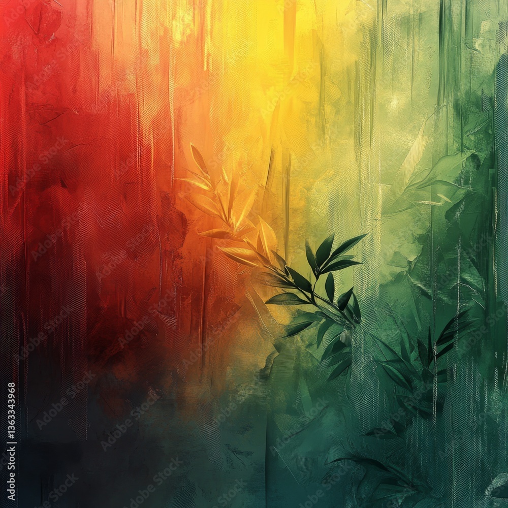 Poster abstract vertical stripes with leaf branch: a colorful oil painting with depth and texture