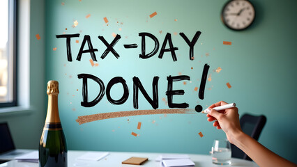 Diamond-adorned hand adds confetti to whiteboard's "DONE!" over crossed-out TAX DAY. Champagne chills by IRS email. Clock: 11:58 PM.
