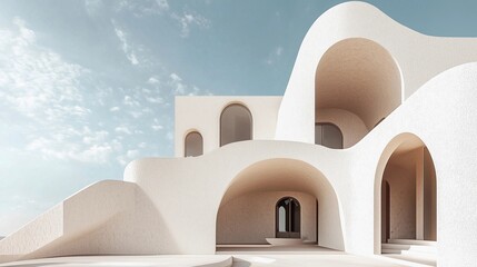 A white building with arched windows and a large archway. The building is very tall and has a lot of windows