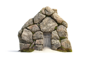 a small stone house with moss growing out of it cutout and isolated on transparent background 