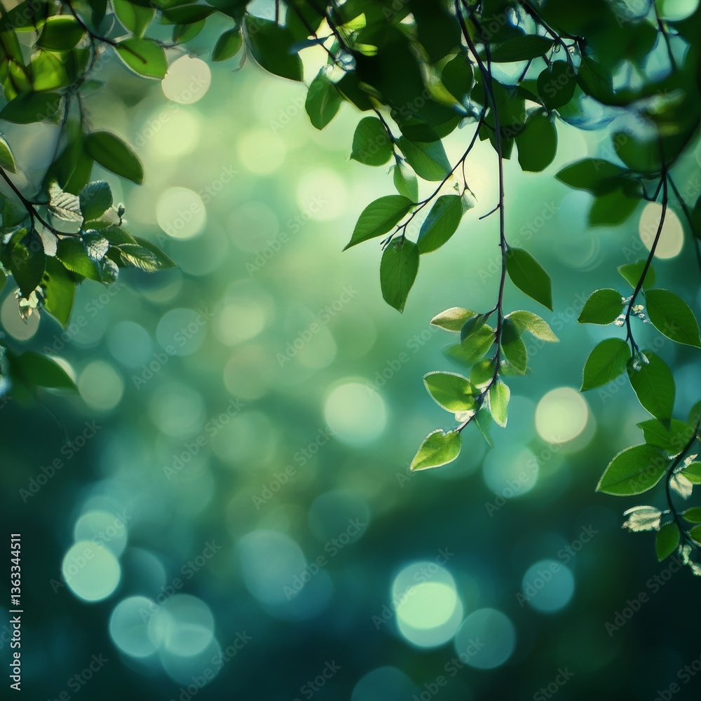 Poster enchanting foliage: a glimpse through nature's emerald veil, bathed in ethereal light and gentle bok