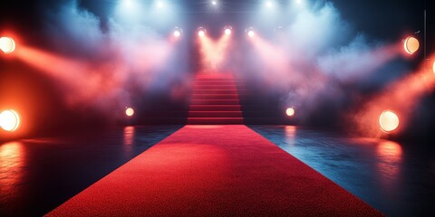 Red carpet entrance with bright lights and mist creating a glamorous atmosphere in a performance venue