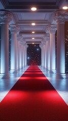 Elegant red carpet hallway with illuminated columns and starry ceiling creates a glamorous entrance