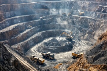 Excavator Working in a Large Open Pit Mine with Dump Trucks
