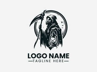 Plague Doctor Sickle Lantern Dark Fantasy Logo Design, Dark Fantasy Plague Doctor Logo