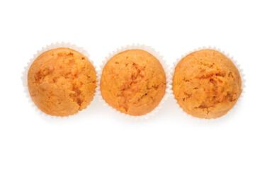 Tasty carrot muffins isolated on white, top view