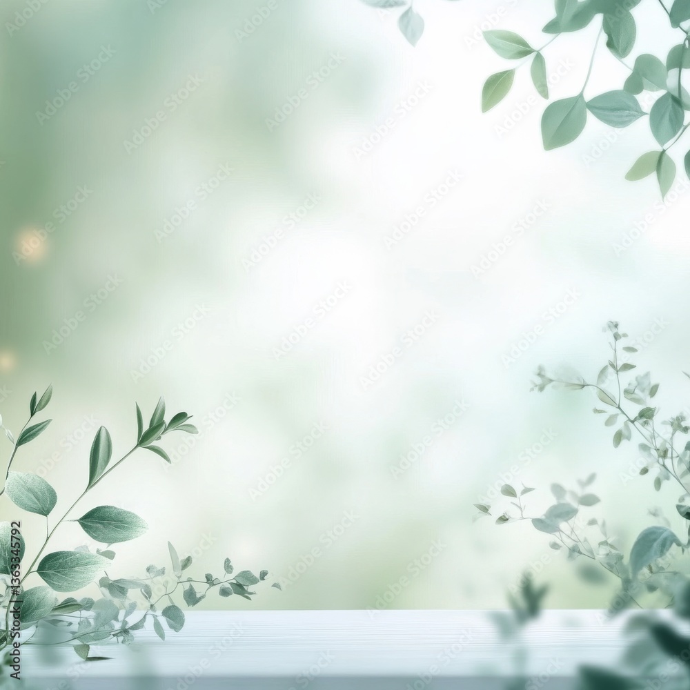 Poster Soft Light and Green Leaves Background for Product Display or Content Creation with a Natural Aesthetic