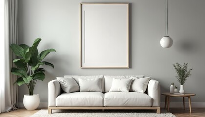 Fototapeta premium Modern interior room mockup with blank poster frame on wall. White sofa green plant, decor. Empty art frame, living room design. Minimalist home design.