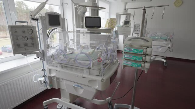 Neonatal intensive care room with incubators, monitors, and IV pumps supporting premature babies in a modern hospital setting.
